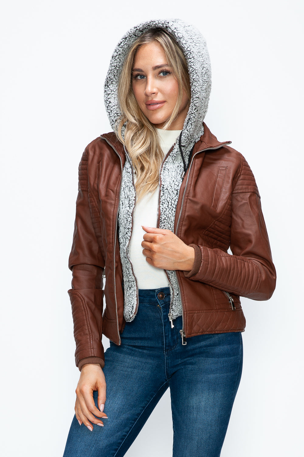 YMI Faux Layered Double-Zipper Jacket with Fuzzy Hood Tops/Jackets/Sweaters Clothing Tops Ship from USA TikTok Trendsi USPS Walmart YMI outerwear Trendsi https://www.cyberehub.com