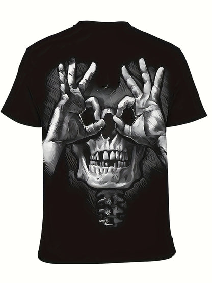 Creative Skull Print T-shirt, Men's Casual Street Style Elastic Round Neck T-shirt, Suitable For Summer Apparel/Shirt/Graphic Shirt SNULLO https://www.cyberehub.com