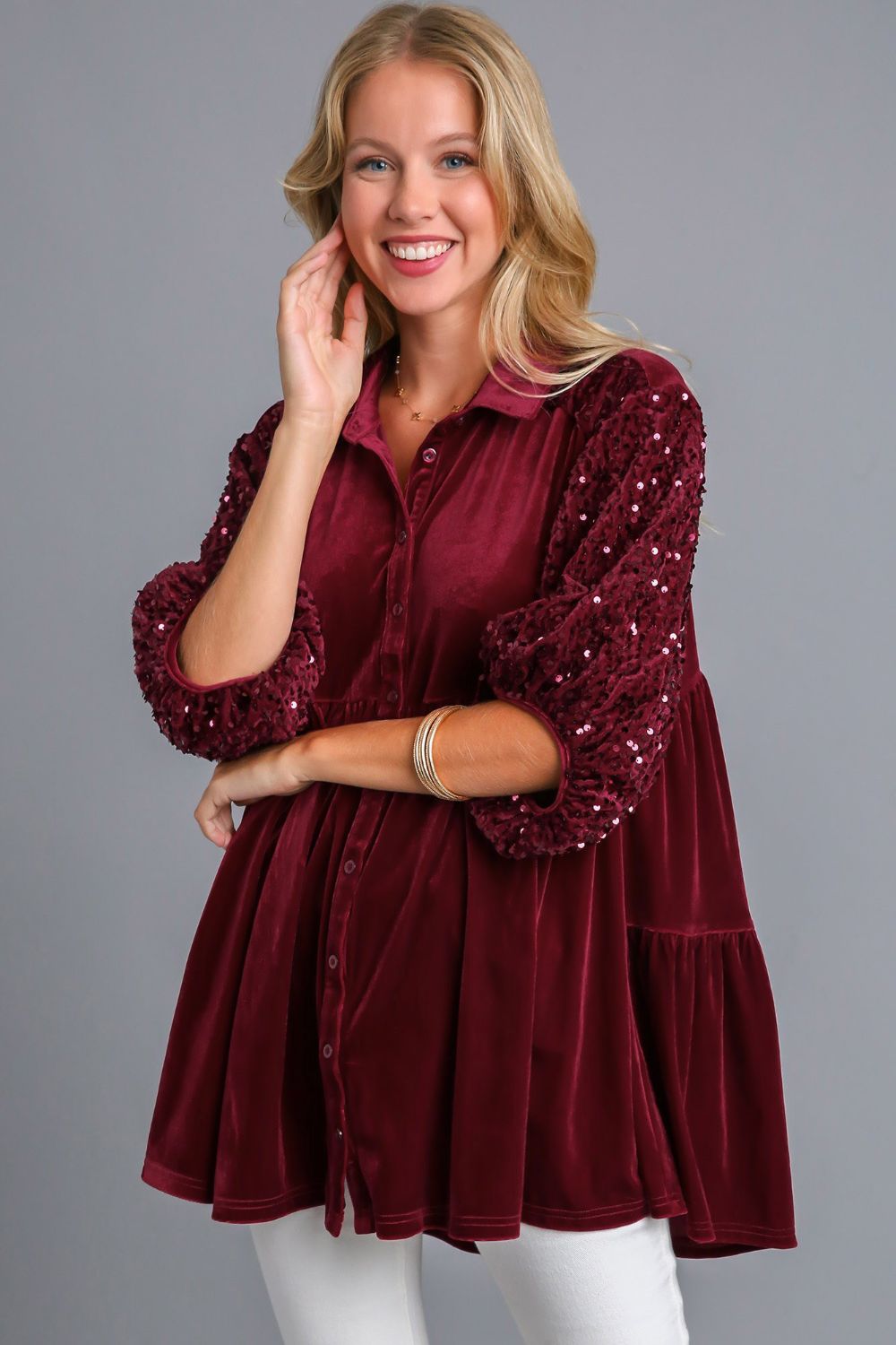 Umgee Sequin Detail Tiered Back Half Sleeve Shirt Wine Apparel/Tops Ship from USA TikTok Tops Trendsi Umgee USA USPS Walmart Walmart Apparel Trendsi https://www.cyberehub.com