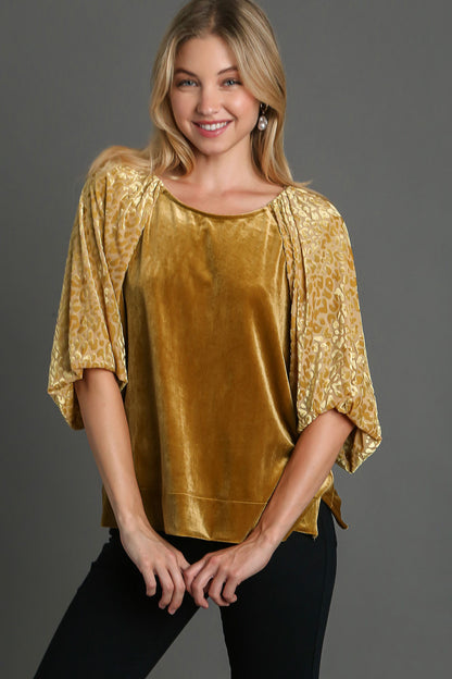Umgee Round Neck Leopard Balloon Sleeve Velvet Top Mustard Apparel Apparel Ship from USA TikTok Trendsi Umgee USA Trendsi https://www.cyberehub.com
