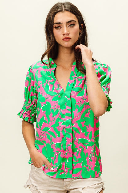 BiBi Smocked Cuff Floral Contrast Top Jade Fuchsia Tops/Jackets/Sweaters BiBi Clothing Tops Ship from USA TikTok Trendsi USPS Walmart Trendsi https://www.cyberehub.com