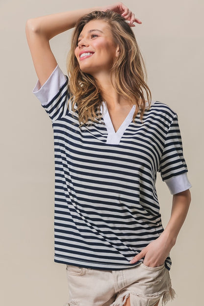 BiBi Contrast Striped Notched Knit Top Shirt Apparel BiBi Clothing Tops Ship from USA Shirts USA Women Trendsi https://www.cyberehub.com