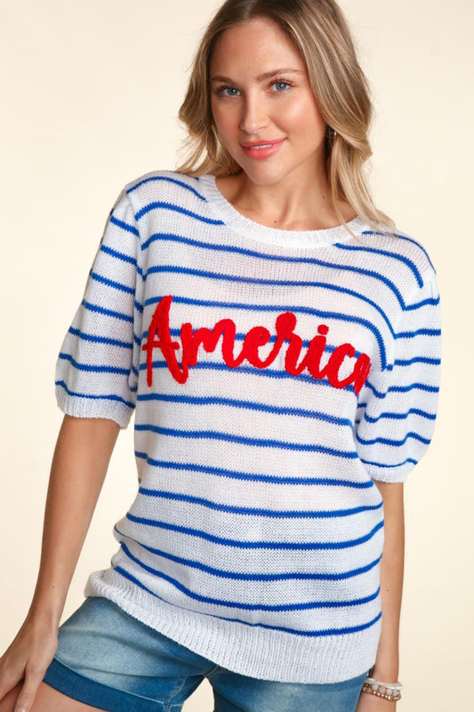 Haptics Letter Embroidery Striped Knit Top Ivory Blue Red Shirt Apparel Clothing Tops Haptics Ship from USA Shirts USA Women Trendsi https://www.cyberehub.com