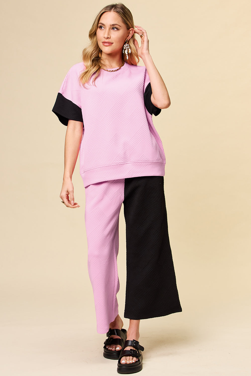 Double Take Full Size Texture Contrast T-Shirt and Wide Leg Pants Set Pink Apparel/Tops Double Take Ship from USA TikTok Tops Trendsi USPS Walmart Walmart Apparel Trendsi https://www.cyberehub.com