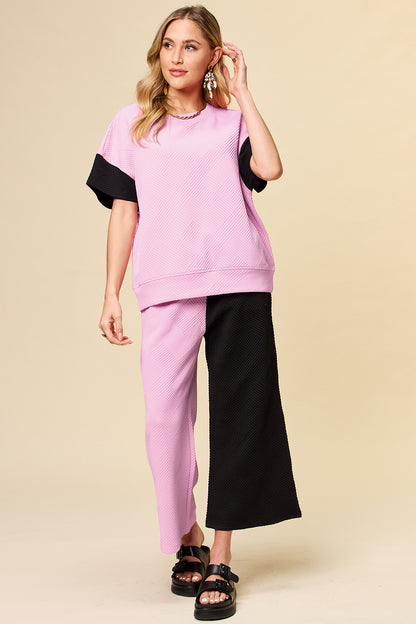 Double Take Full Size Texture Contrast T-Shirt and Wide Leg Pants Set Pink Apparel/Tops Double Take Ship from USA TikTok Tops Trendsi USPS Walmart Walmart Apparel Trendsi https://www.cyberehub.com