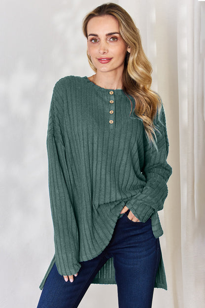 Basic Bae Full Size Ribbed Half Button Long Sleeve High-Low T-Shirt Army Green Apparel/Tops Basic Bae Ship from USA TikTok Tops Trendsi USPS Walmart Walmart Apparel Trendsi https://www.cyberehub.com