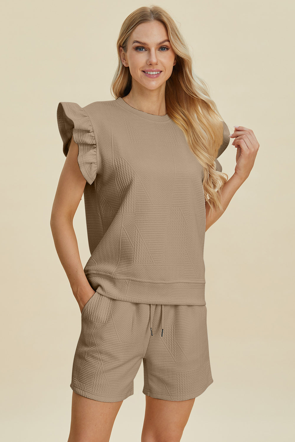 Double Take Full Size Texture Round Neck Ruffle Sleeve Top and Shorts Set Khaki Tops/Jackets/Sweaters Clothing Tops Double Take Ship from USA TikTok Trendsi USPS Walmart Trendsi https://www.cyberehub.com