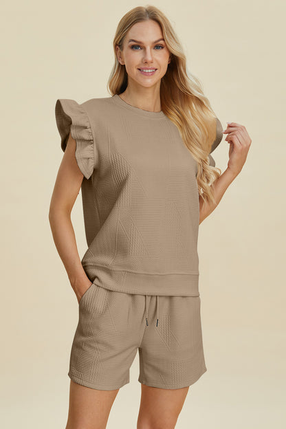 Double Take Full Size Texture Round Neck Ruffle Sleeve Top and Shorts Set Khaki Tops/Jackets/Sweaters Clothing Tops Double Take Ship from USA TikTok Trendsi USPS Walmart Trendsi https://www.cyberehub.com