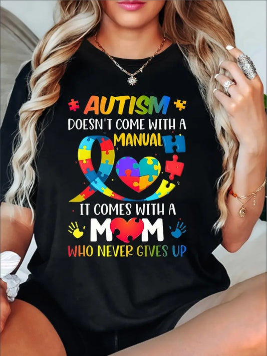 Women'S Casual Crew Neck T-Shirt With Autism Awareness Cartoon Print - Soft Polyester Knit Fabric, Short Sleeve Regular Length Top For All Seasons Apparel/Shirt/Graphic Shirt SNULLO https://www.cyberehub.com