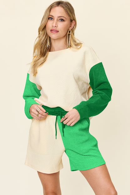 Double Take Full Size Contrast Drop Shoulder Top and Shorts Set Mid Green Apparel/Tops Double Take Ship from USA TikTok Tops Trendsi USPS Walmart Walmart Apparel Trendsi https://www.cyberehub.com