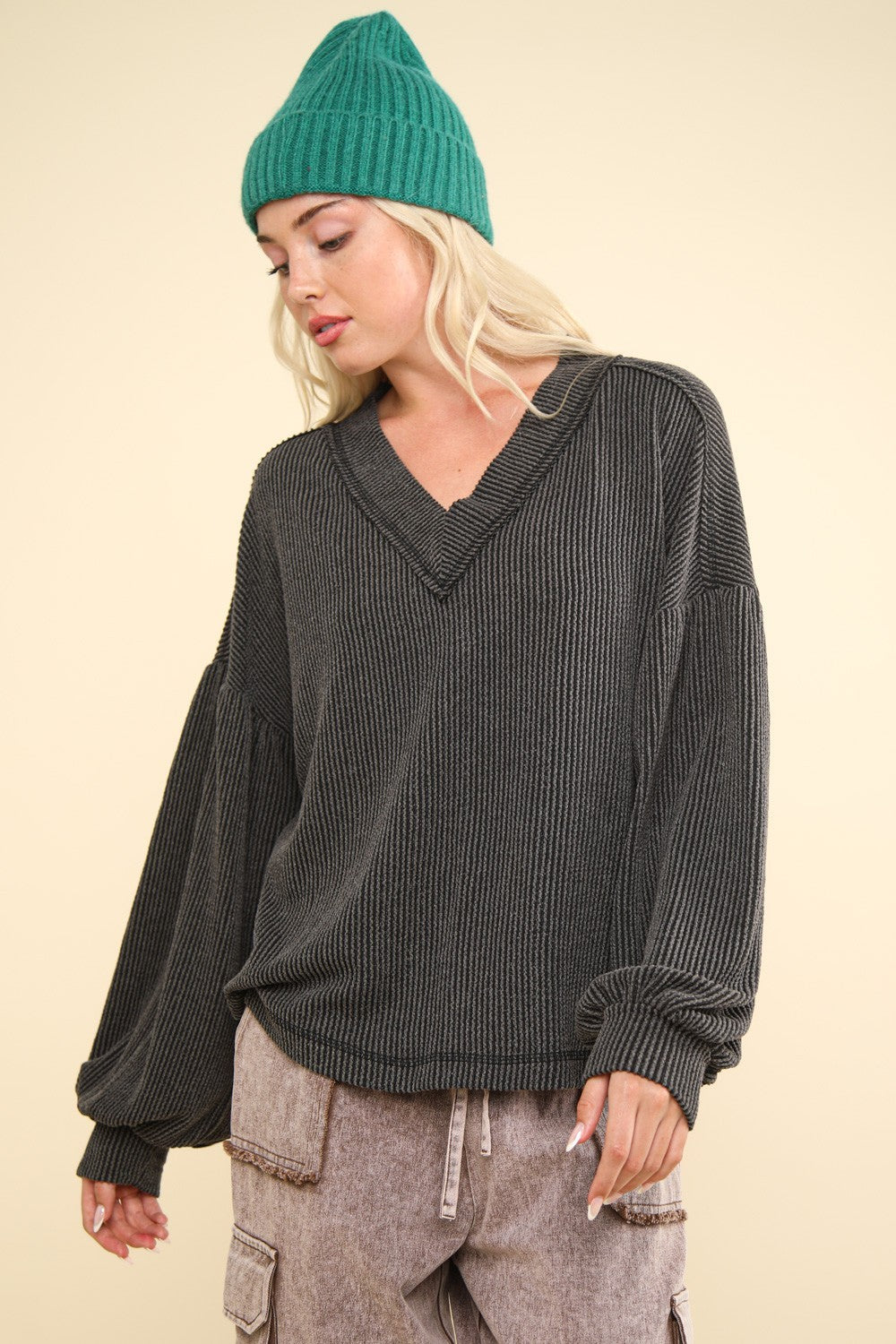 VERY J Two Tone Ribbed V-Neck Exposed Seam Top Shirt Apparel Clothing Tops Ship from USA Shirts USA VERY J Women Trendsi https://www.cyberehub.com