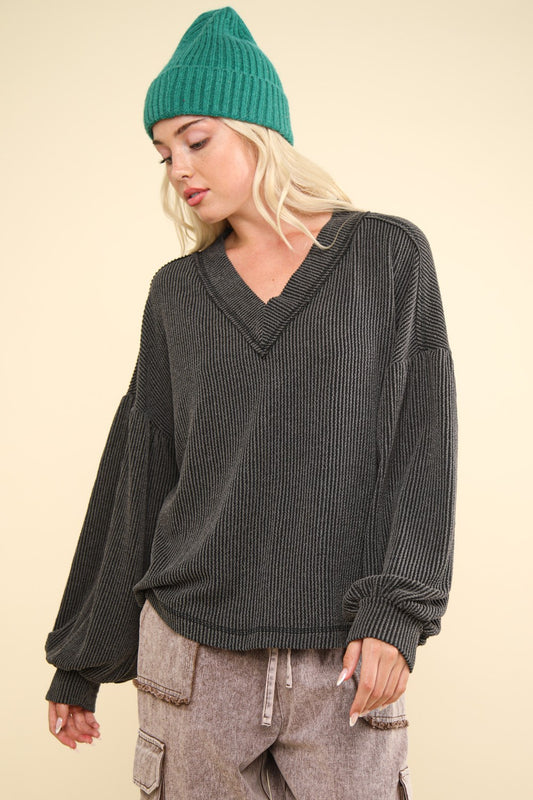 VERY J Two Tone Ribbed V-Neck Exposed Seam Top Shirt Apparel Clothing Tops Ship from USA Shirts USA VERY J Women Trendsi https://www.cyberehub.com