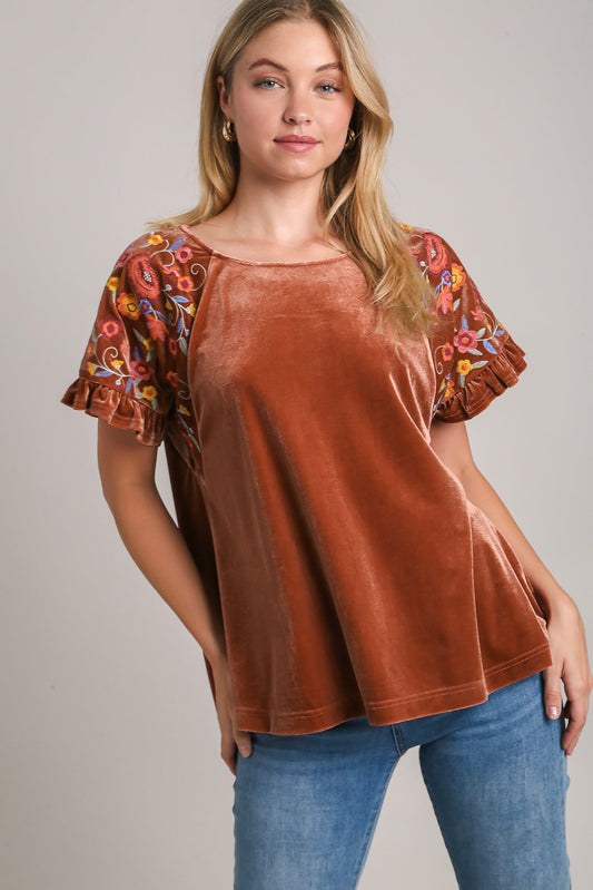 Umgee Velvet Embroidery Short Sleeve Blouse Brown Apparel Apparel Ship from USA TikTok Trendsi Umgee USA Trendsi https://www.cyberehub.com