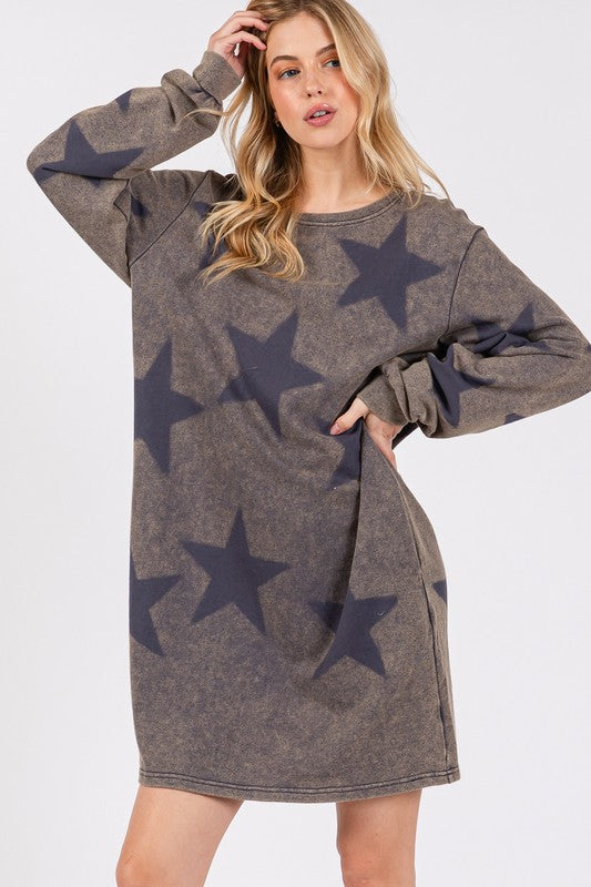 SAGE + FIG Washed Star Print Round Neck Dress Dark Gray Apparel Apparel SAGE+FIG Ship from USA TikTok Trendsi Trendsi https://www.cyberehub.com