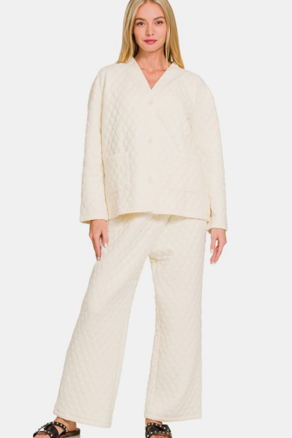 Zenana Quilted Button Up Long Sleeve Top and Pants Lounge Set Cream Apparel Apparel Ship from USA TikTok Trendsi Zenana Trendsi https://www.cyberehub.com