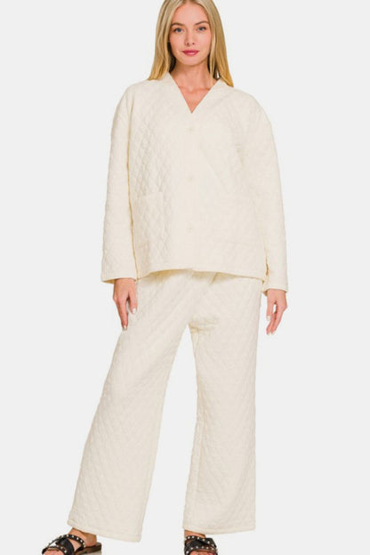 Zenana Quilted Button Up Long Sleeve Top and Pants Lounge Set Cream Apparel Apparel Ship from USA TikTok Trendsi Zenana Trendsi https://www.cyberehub.com