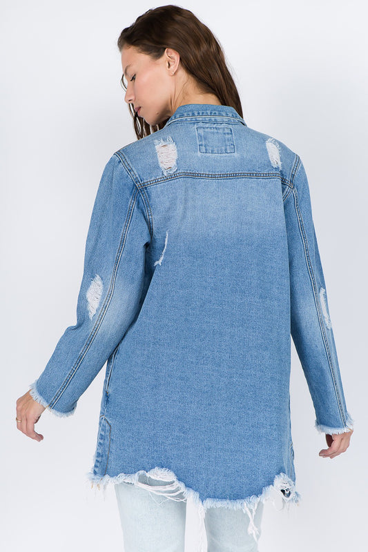 American Bazi Distressed Frayed Hem Denim Jacket Tops/Jackets/Sweaters American Bazi Clothing Tops Ship from USA TikTok Trendsi USPS Walmart Trendsi https://www.cyberehub.com