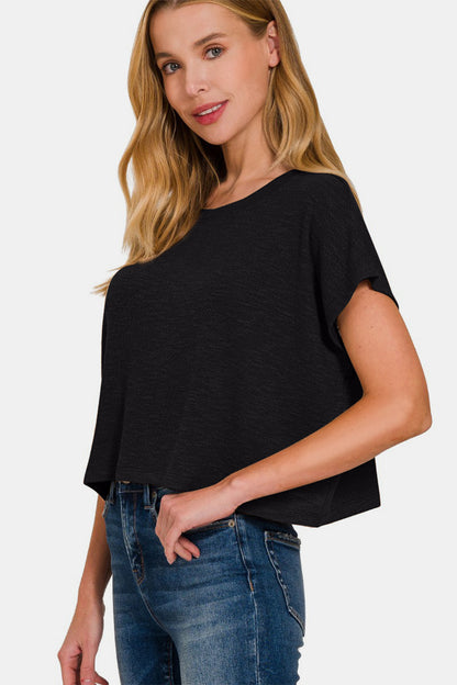 Zenana Round Neck Short Sleeve Crop T-Shirt Apparel/Tops Ship from USA TikTok Tops Trendsi USPS Walmart Walmart Apparel Zenana Trendsi https://www.cyberehub.com