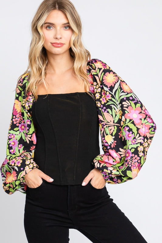 ODDI Full Size Floral Balloon Sleeve Blouse Black Apparel/Tops ODDI Ship from USA TikTok Tops Trendsi USPS Walmart Walmart Apparel Trendsi https://www.cyberehub.com