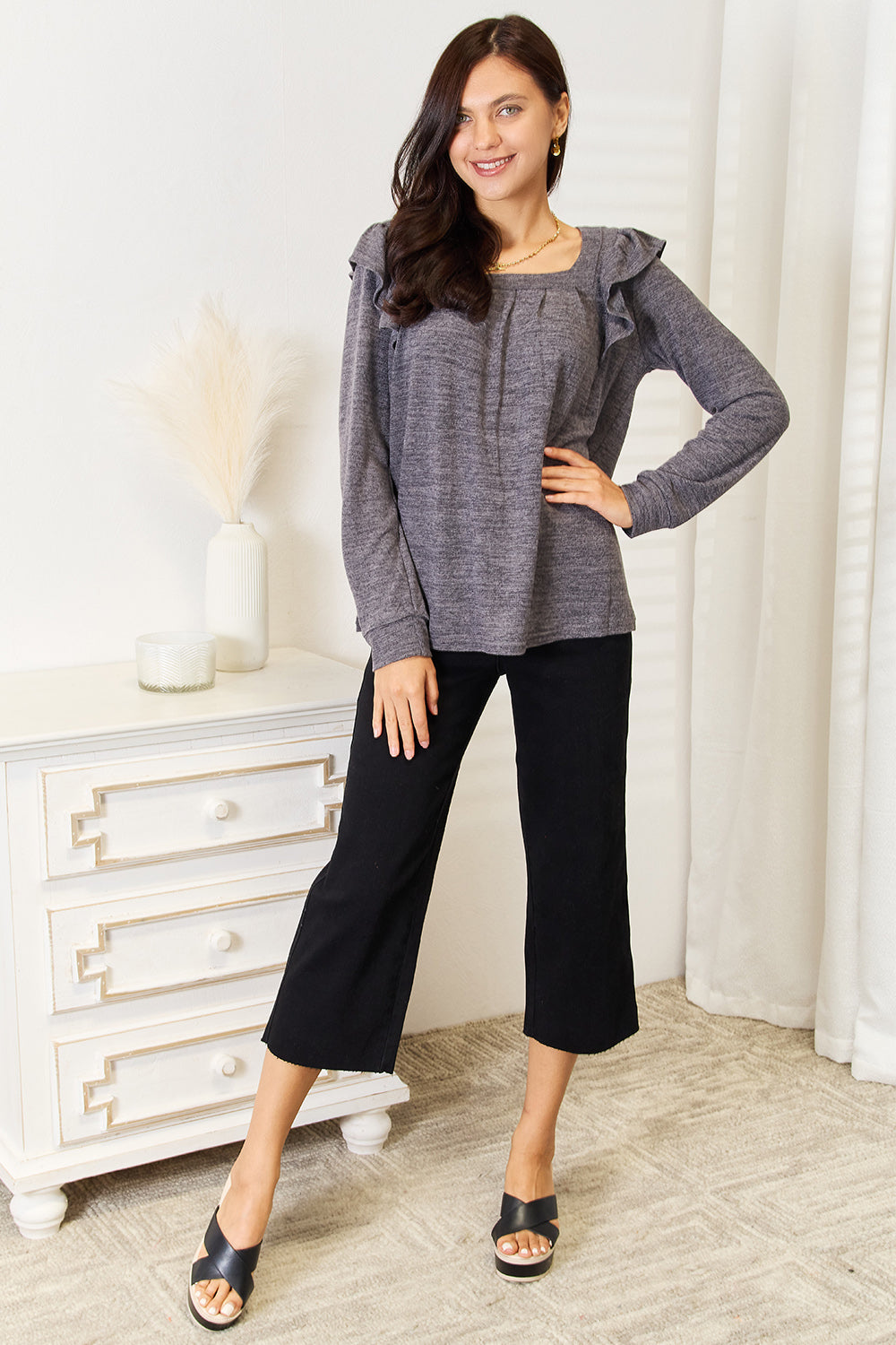 Double Take Square Neck Ruffle Shoulder Long Sleeve T-Shirt Apparel/Tops Double Take Ship from USA TikTok Tops Trendsi USPS Walmart Walmart Apparel Trendsi https://www.cyberehub.com