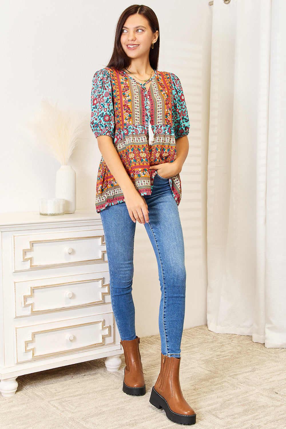 Devine Bohemian Tassel Tie Puff Sleeve Babydoll Blouse Apparel/Tops Doorbusters Double Take Ship from USA TikTok Tops Trendsi USPS Walmart Walmart Apparel Trendsi https://www.cyberehub.com