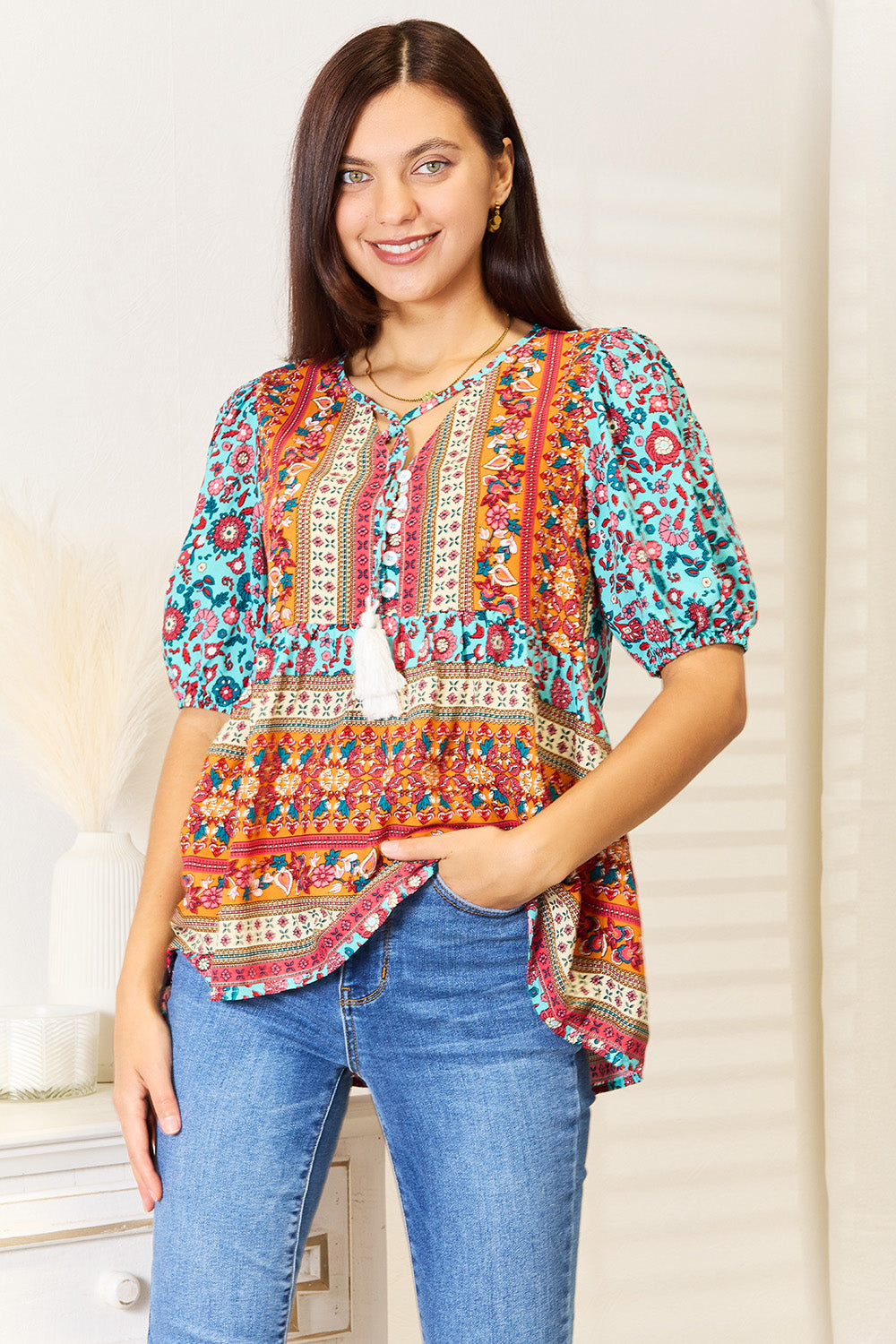 Devine Bohemian Tassel Tie Puff Sleeve Babydoll Blouse Apparel/Tops Doorbusters Double Take Ship from USA TikTok Tops Trendsi USPS Walmart Walmart Apparel Trendsi https://www.cyberehub.com