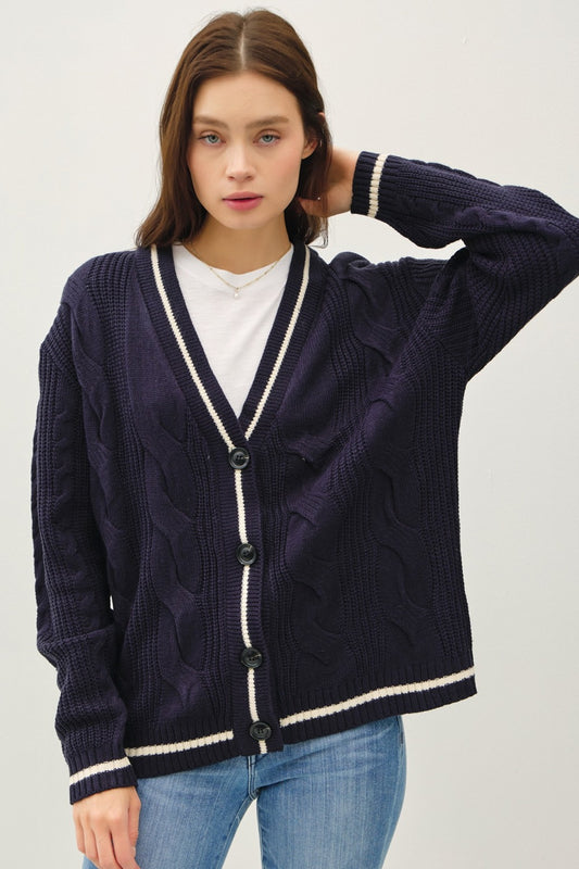 Be Cool Contrast Trim Cable-Knit V-Neck Cardigan Navy Tops/Jackets/Sweaters BE COOL Clothing Tops Ship from USA TikTok Trendsi USPS Walmart Trendsi https://www.cyberehub.com
