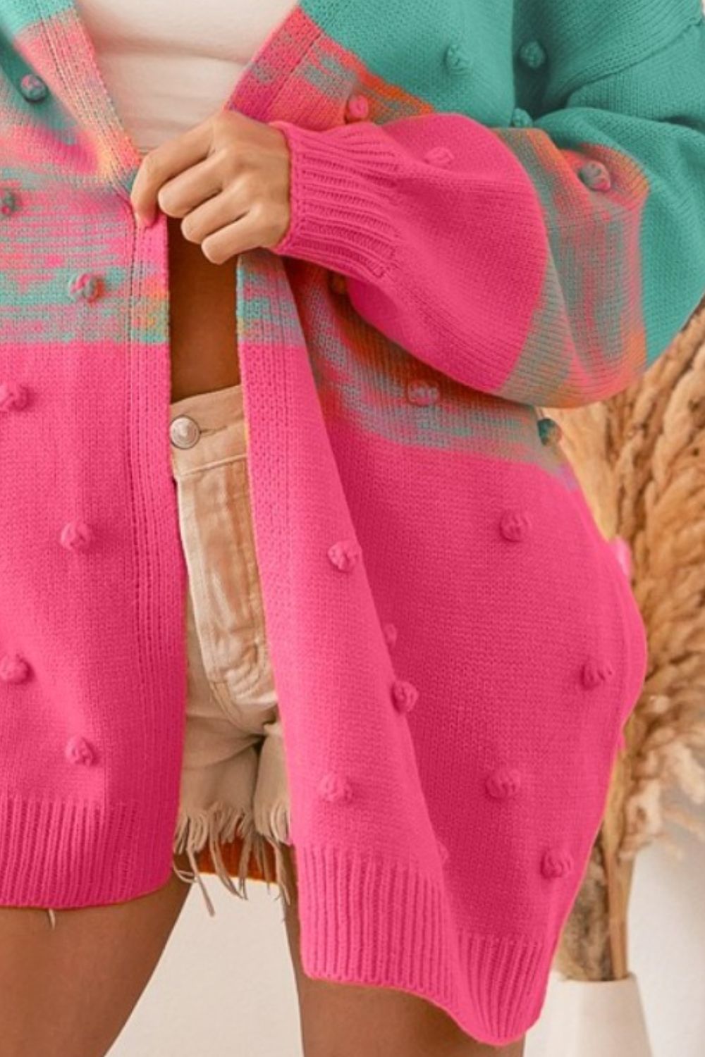 BiBi Color Block Ponpon Sweater Cardigan Shirt Apparel BiBi Clothing Tops Ship from USA Shirts USA Women Trendsi https://www.cyberehub.com