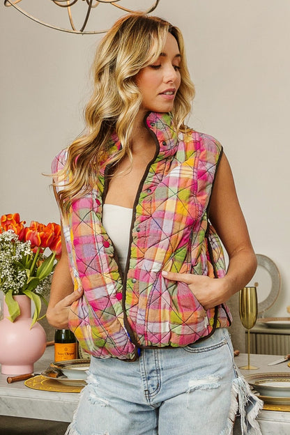 BiBi Quilted Washed Plaid Snap Down Vest Shirt Apparel BiBi Clothing Tops Ship from USA Shirts USA Women Trendsi https://www.cyberehub.com