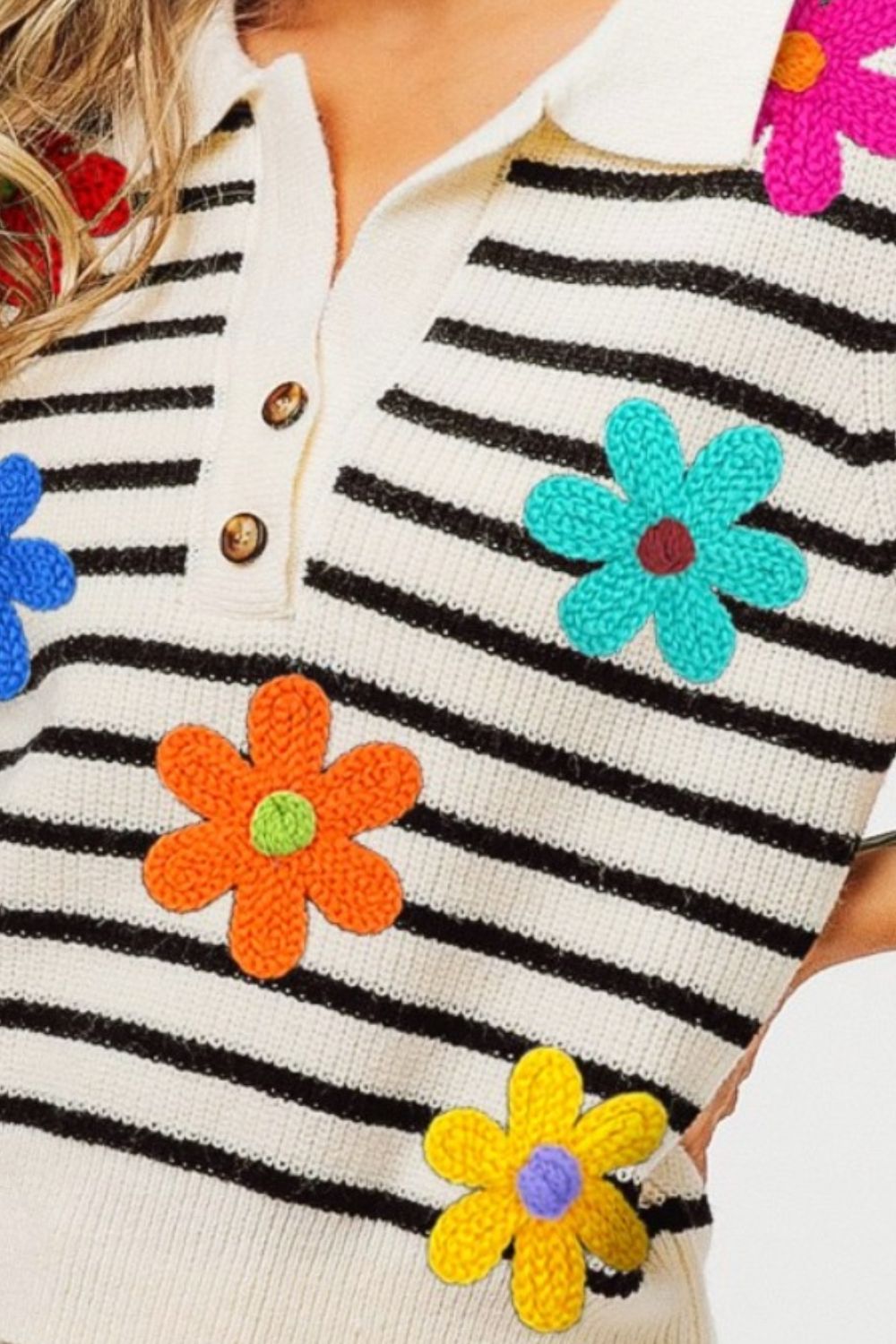 BiBi Flower Patch Striped Half Button Sweater Vest Shirt Apparel BiBi Clothing Tops Ship from USA Shirts USA Women Trendsi https://www.cyberehub.com