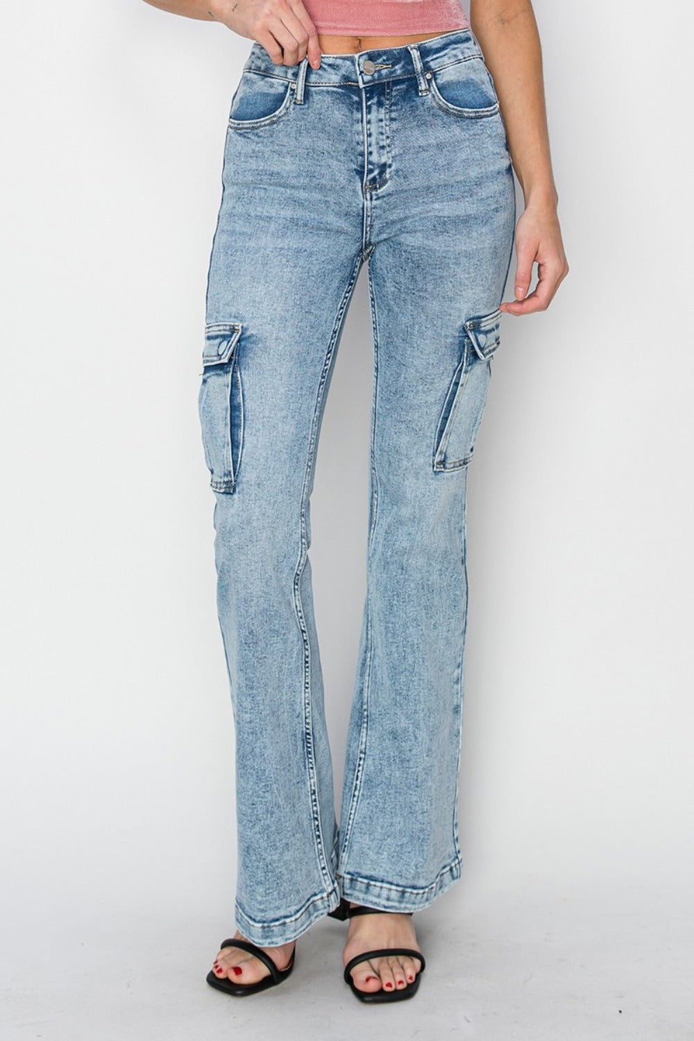 RISEN Full Size High Rise Cargo Flare Jeans Acid Medium Bottoms Bottoms Clothing RISEN Ship from USA Women Trendsi https://www.cyberehub.com
