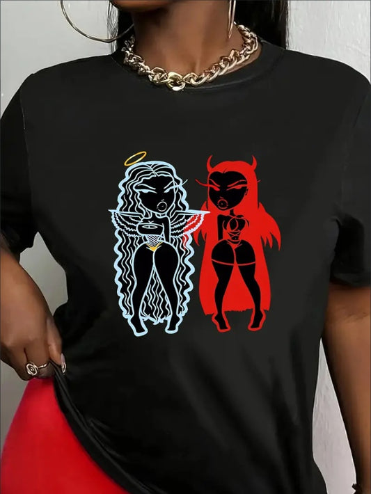 Angel And Demon Print T-shirt, Short Sleeve Crew Neck Casual Top For Summer & Spring, Women's Clothing Apparel/Shirt/Graphic Shirt SNULLO https://www.cyberehub.com