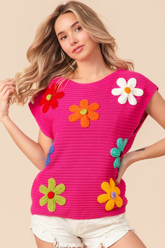 BiBi Flower Round Neck Cap Sleeve Knit Top Fuchsia Multi Shirt Apparel BiBi Clothing Tops Ship from USA Shirts USA Women Trendsi https://www.cyberehub.com