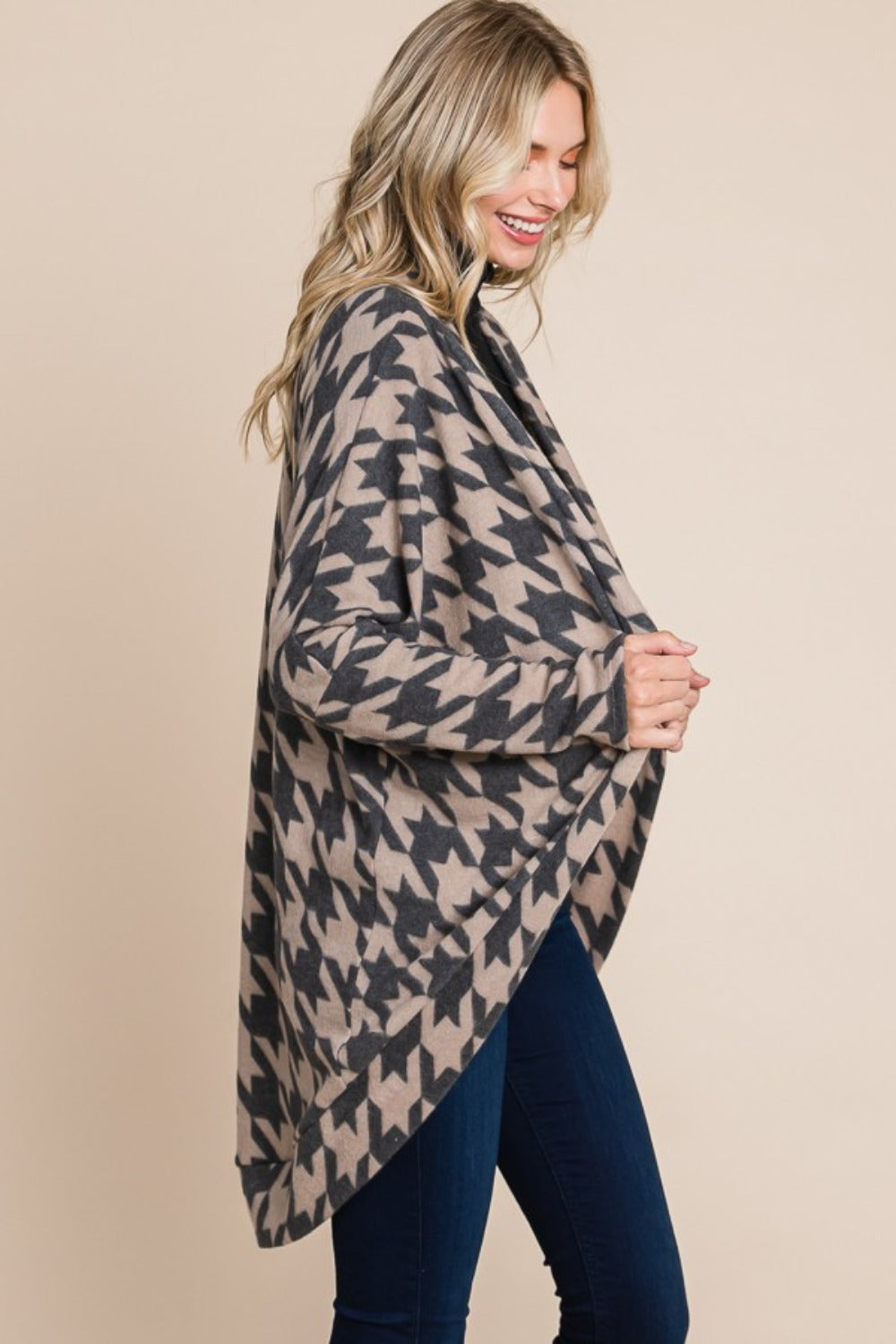 BOMBOM Houndstooth Open Front Cocoon Knit Cardigan Shirt Apparel BOMBOM Clothing Tops Ship from USA Shirts USA Women Trendsi https://www.cyberehub.com