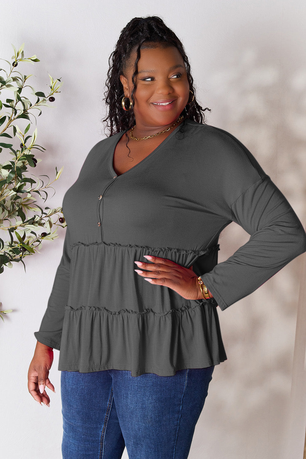 Double Take Half Button Long Sleeve Ruffle Hem Blouse Dark Gray Apparel/Tops Double Take Ship from USA TikTok Tops Trendsi USPS Walmart Walmart Apparel Trendsi https://www.cyberehub.com