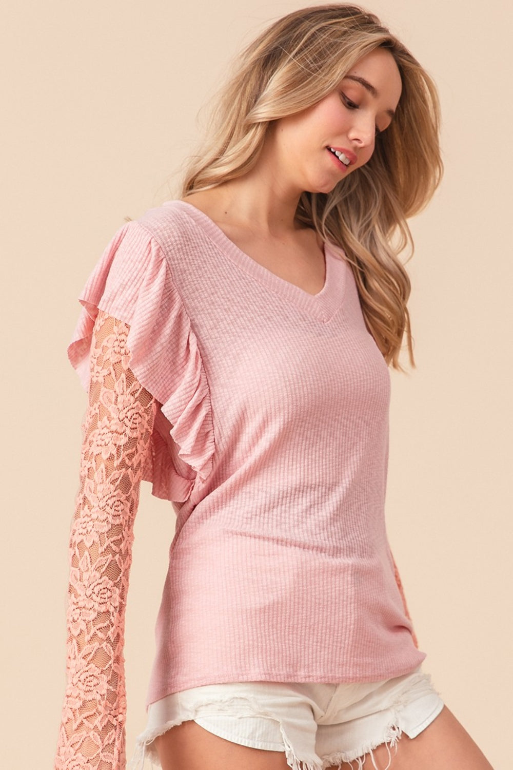 BiBi Ruffled Lace Sleeve Rib Knit Top Apparel/Tops BiBi Ship from USA TikTok Tops Trendsi USPS Walmart Walmart Apparel Trendsi https://www.cyberehub.com