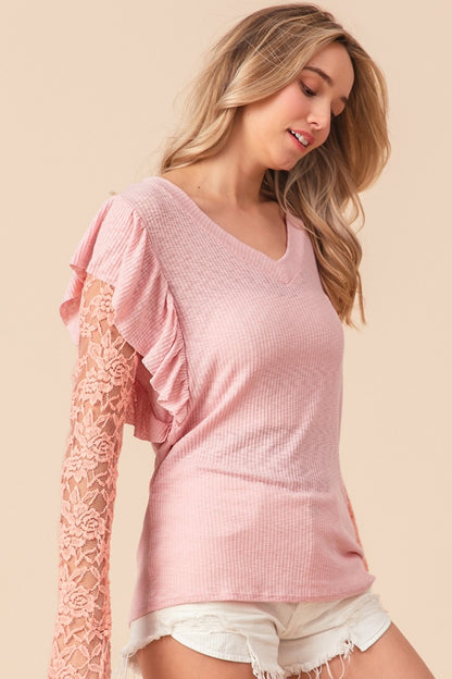 BiBi Ruffled Lace Sleeve Rib Knit Top Apparel/Tops BiBi Ship from USA TikTok Tops Trendsi USPS Walmart Walmart Apparel Trendsi https://www.cyberehub.com