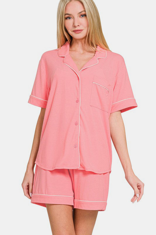 Zenana Button Down Short Sleeve Top and Shorts Lounge Set DK PINK Apparel Apparel Ship from USA TikTok Trendsi Zenana Trendsi https://www.cyberehub.com