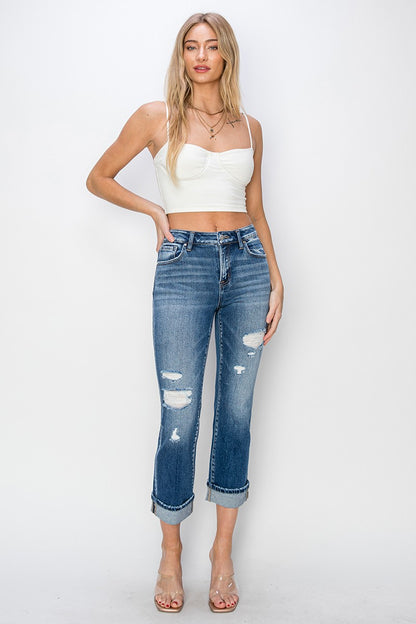 RISEN Full Size Cuffed Ankle Distressed Straight Jeans Bottoms Bottoms Clothing RISEN Ship from USA Women Trendsi https://www.cyberehub.com