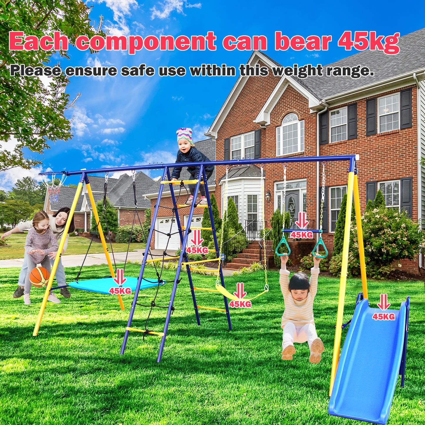 500 lbs 7 in 1 Swing Set for Kids Backyard Outdoor A-Frame Heavy-Duty Metal Swing Sets with Slide, 2 Swing Seats, 1 Climbing Net & Ladder, 1 Gym Ring, 1 Basket Giga GNJ Kids Toys Giga https://www.cyberehub.com