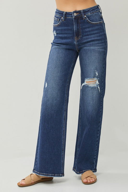 RISEN Full Size High Rise Distressed Wide Leg Jeans Dark Bottoms Bottoms Clothing RISEN Ship from USA Women Trendsi https://www.cyberehub.com