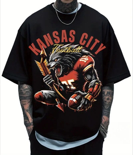 Large Size Men's KC Football Graphic Print Crew Neck Short-sleeved T-shirt, Casual Crew Neck, Slight Stretch, Knitted Fabric Suitable For All Seasons, Regular Fit Apparel/Shirt/Graphic Shirt SNULLO https://www.cyberehub.com