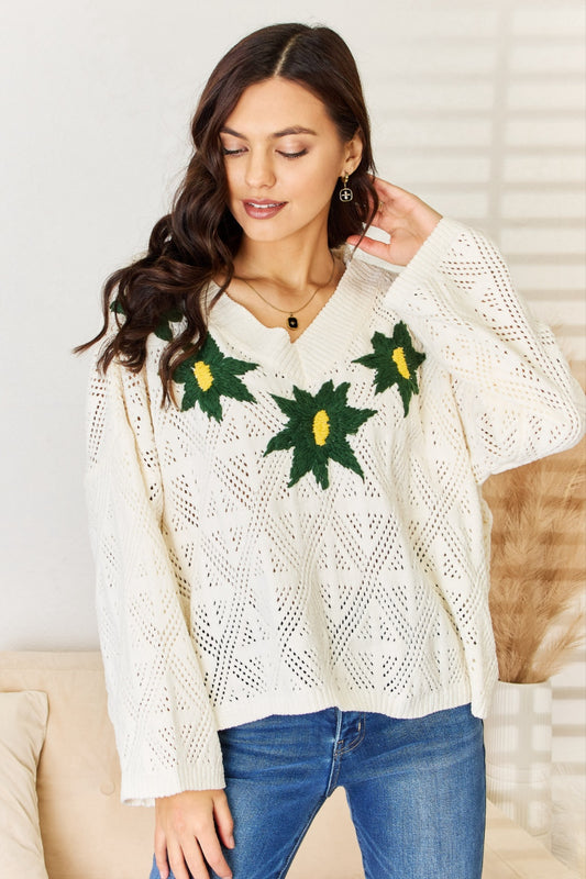 POL Floral Embroidered Pattern V-Neck Sweater Cream Tops/Jackets/Sweaters Clothing Tops POL Ship from USA TikTok Trendsi USPS Walmart Trendsi https://www.cyberehub.com