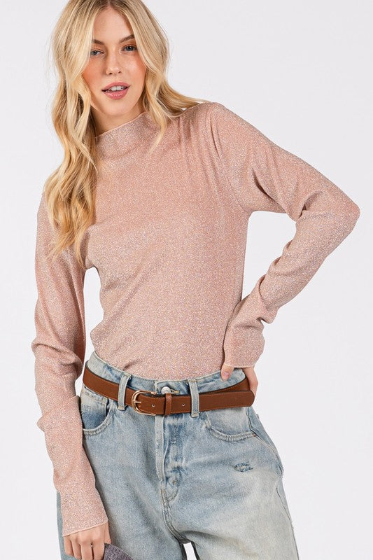 SAGE + FIG Glitter Mock Neck Lettuce Hem Long Sleeve Top Apparel Apparel SAGE+FIG Ship from USA TikTok Trendsi Trendsi https://www.cyberehub.com
