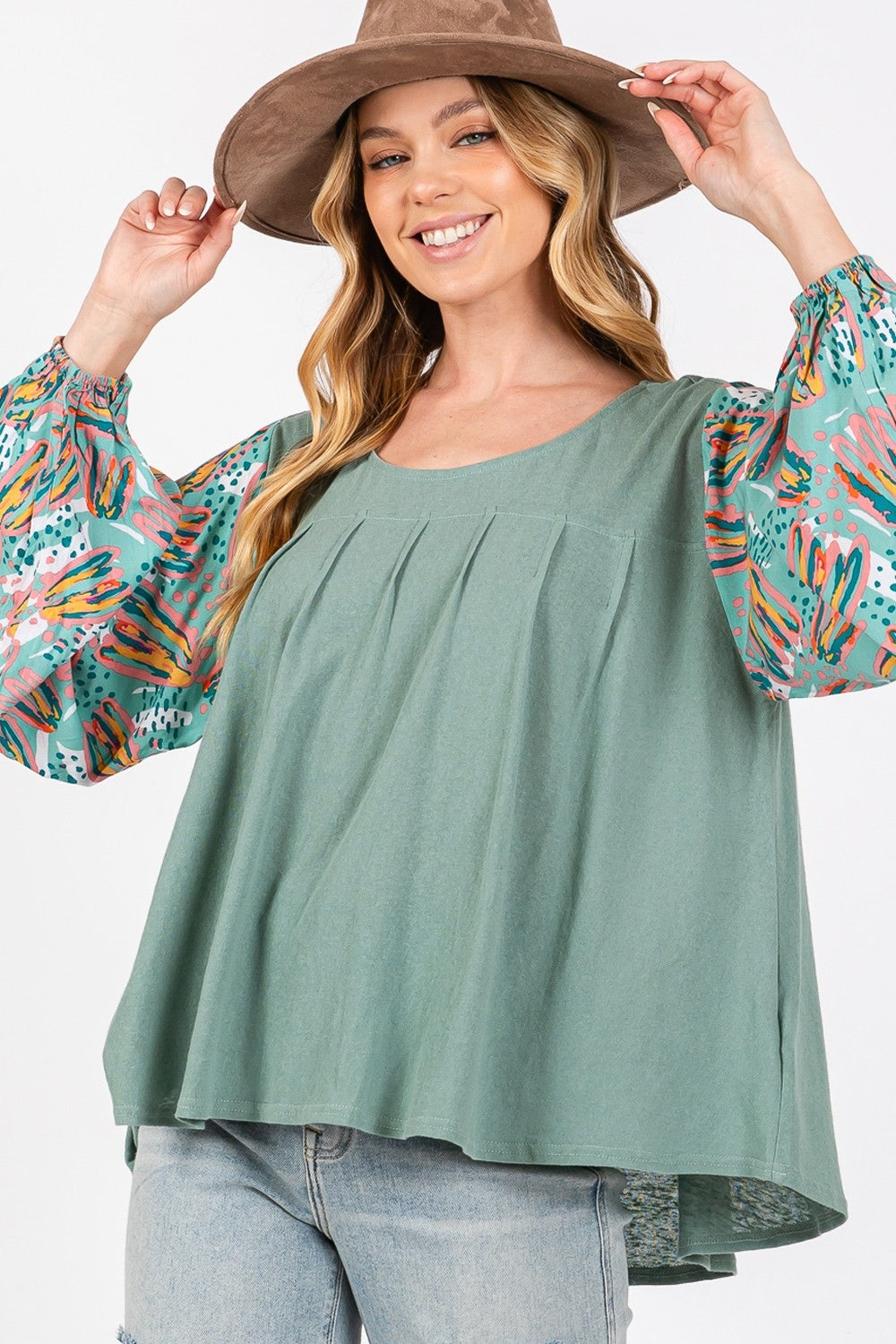 SAGE + FIG Ruched Round Neck Printed Bubble Sleeve Top Tops/Jackets/Sweaters Clothing Tops SAGE+FIG Ship from USA TikTok Trendsi USPS Walmart Trendsi https://www.cyberehub.com