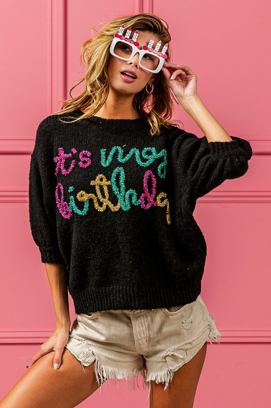 BiBi Metallic Letter Puff Sleeve Hairy Sweater Black Shirt Apparel BiBi Clothing Tops Ship from USA Shirts USA Women Trendsi https://www.cyberehub.com