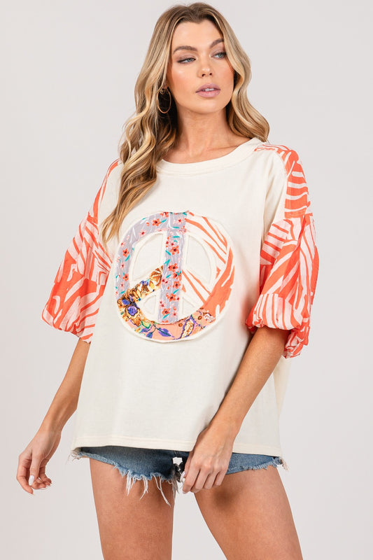 SAGE + FIG Peace Applique Patch with Zebra Print Contrast Top Tangerine Tops/Jackets/Sweaters Clothing Tops SAGE+FIG Ship from USA TikTok Trendsi USPS Walmart Trendsi https://www.cyberehub.com