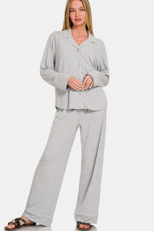 Zenana Button Down Long Sleeve Top and Pants Lounge Set Light Gray Apparel Apparel Ship from USA TikTok Trendsi Zenana Trendsi https://www.cyberehub.com