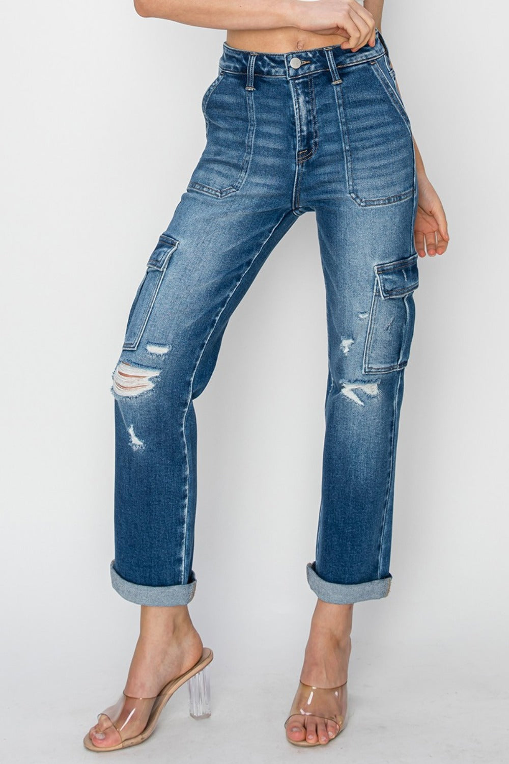 RISEN Full Size High Rise Cargo Ankle Roll Up Straight Jeans Bottoms Bottoms Clothing RISEN Ship from USA Women Trendsi https://www.cyberehub.com