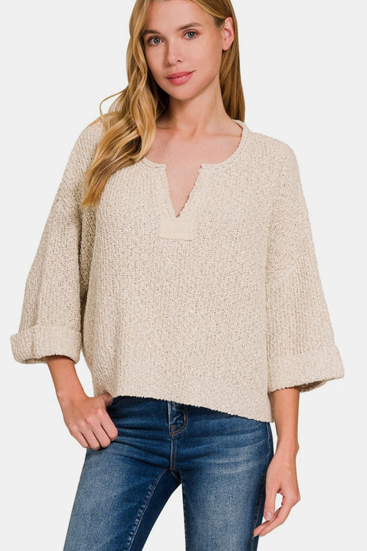 Zenana Notched Side Slit Patch Sweater H Sand Beige Shirt Apparel Clothing Tops price-change-job-active Ship from USA Shirts USA Women Zenana Trendsi https://www.cyberehub.com